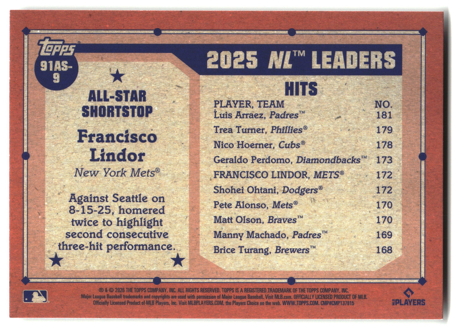 2026 Topps Francisco Lindor 1991 Topps Baseball 35th All-Stars baseball back