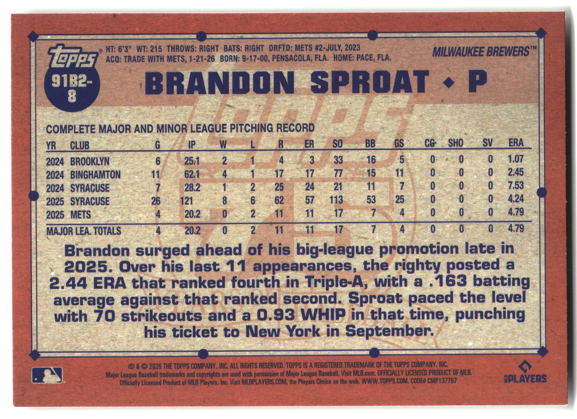 2026 Topps Brandon Sproat 1991 Topps Baseball 35th (Series Two) baseball back
