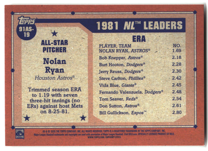 2026 Topps #91AS-19 Nolan Ryan 1991 Topps Baseball 35th Anniversary All-Stars back