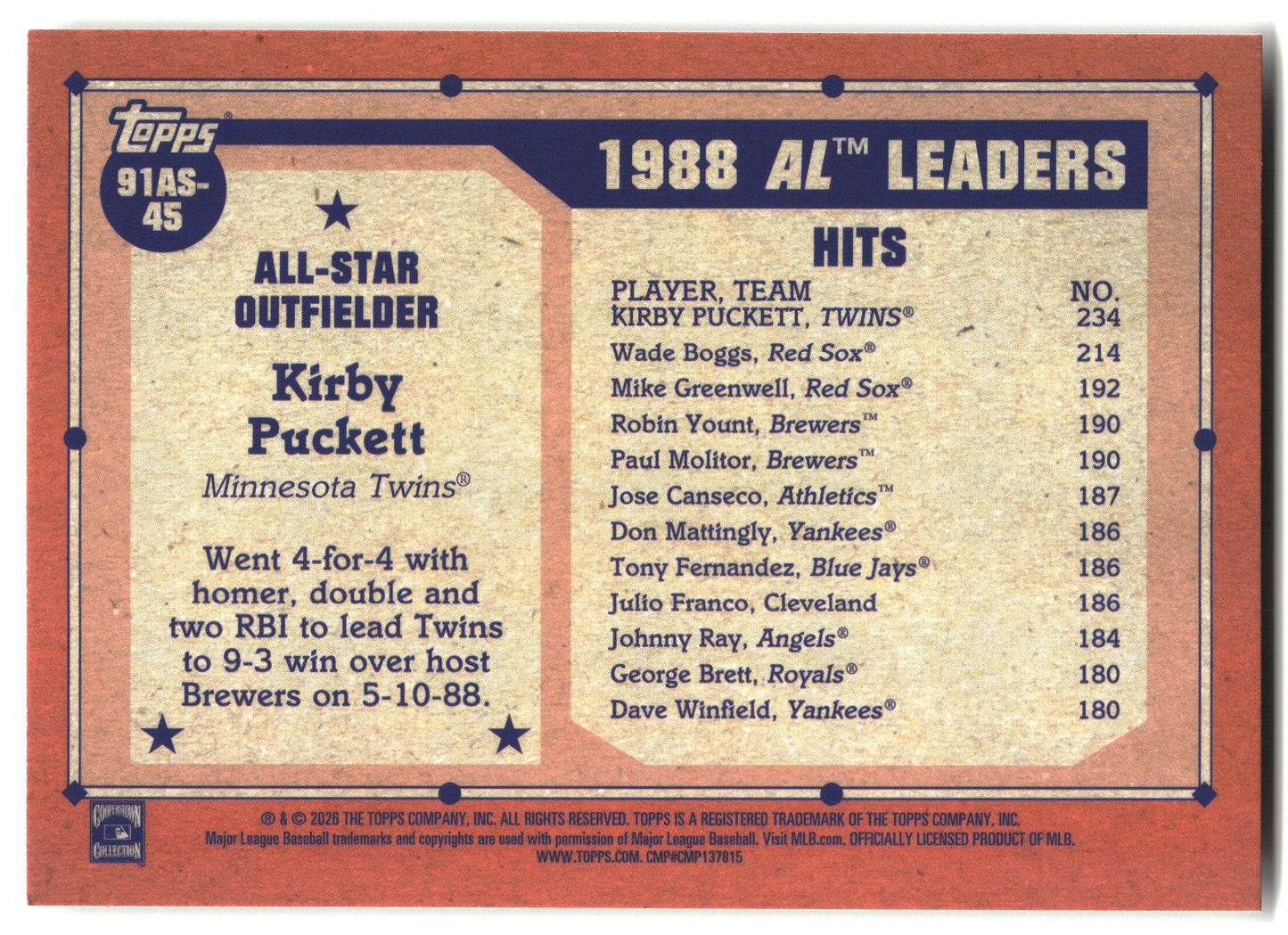 2026 Topps #91AS-45 Kirby Puckett 1991 Topps Baseball 35th Anniversary All-Stars back