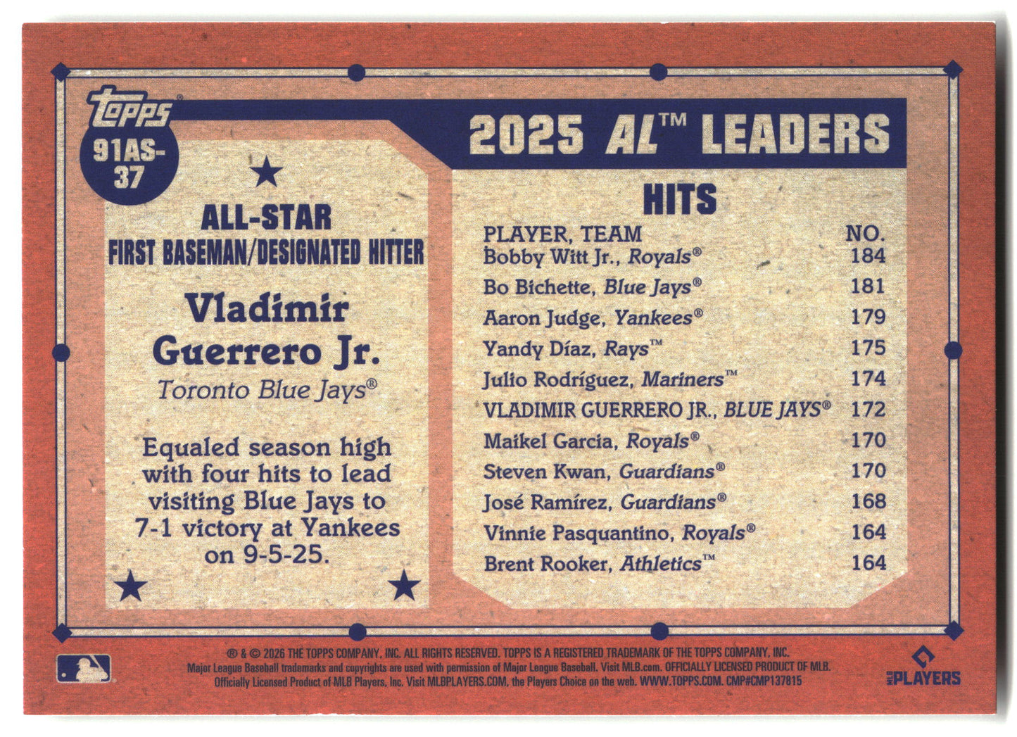 2026 Topps Vladimir Guerrero Jr. 1991 Topps Baseball 35th All-Stars baseball back
