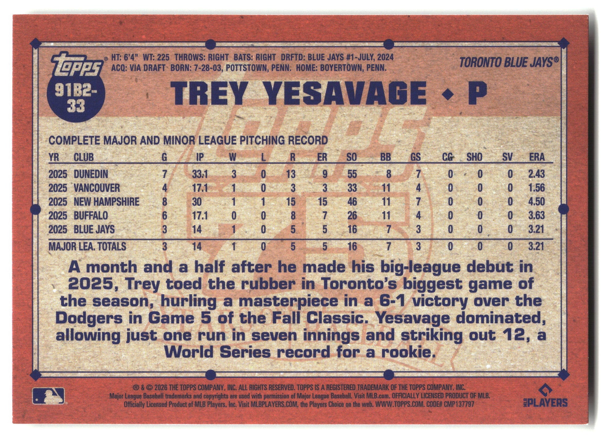 2026 Topps #91B2-33 Trey Yesavage 1991 Topps Baseball 35th (Series Two) back