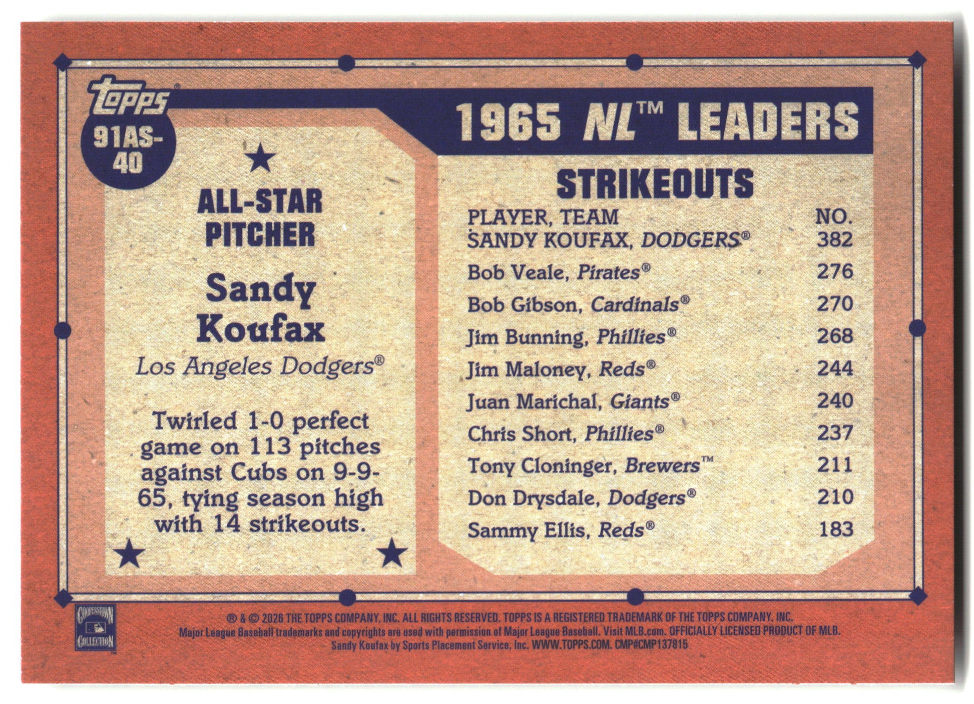 2026 Topps #91AS-40 Sandy Koufax 1991 Topps Baseball 35th Anniversary All-Stars back