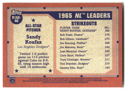 2026 Topps #91AS-40 Sandy Koufax 1991 Topps Baseball 35th Anniversary All-Stars back