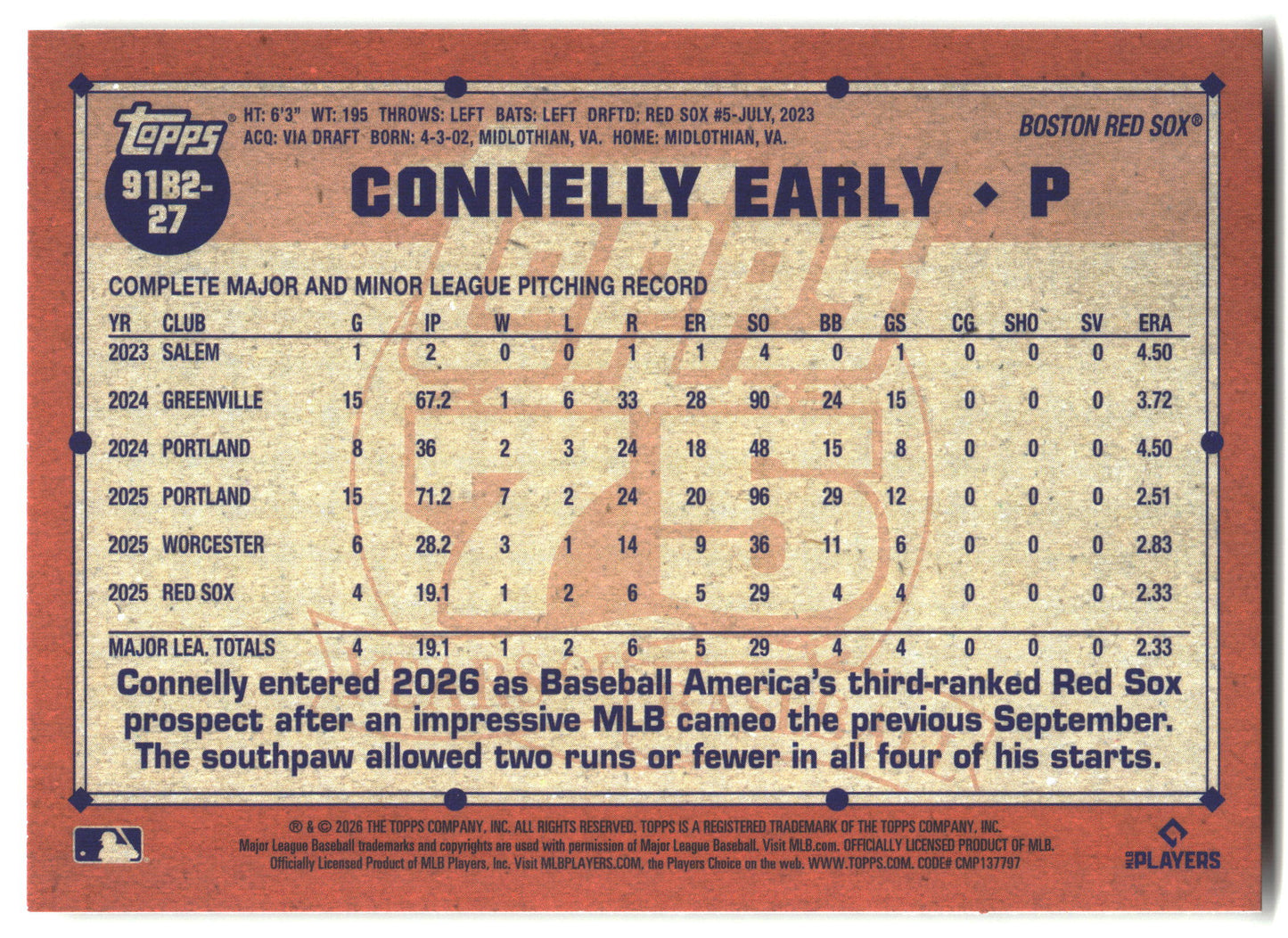 2026 Topps #91B2-27 Connelly Early 1991 Topps Baseball 35th (Series Two) back