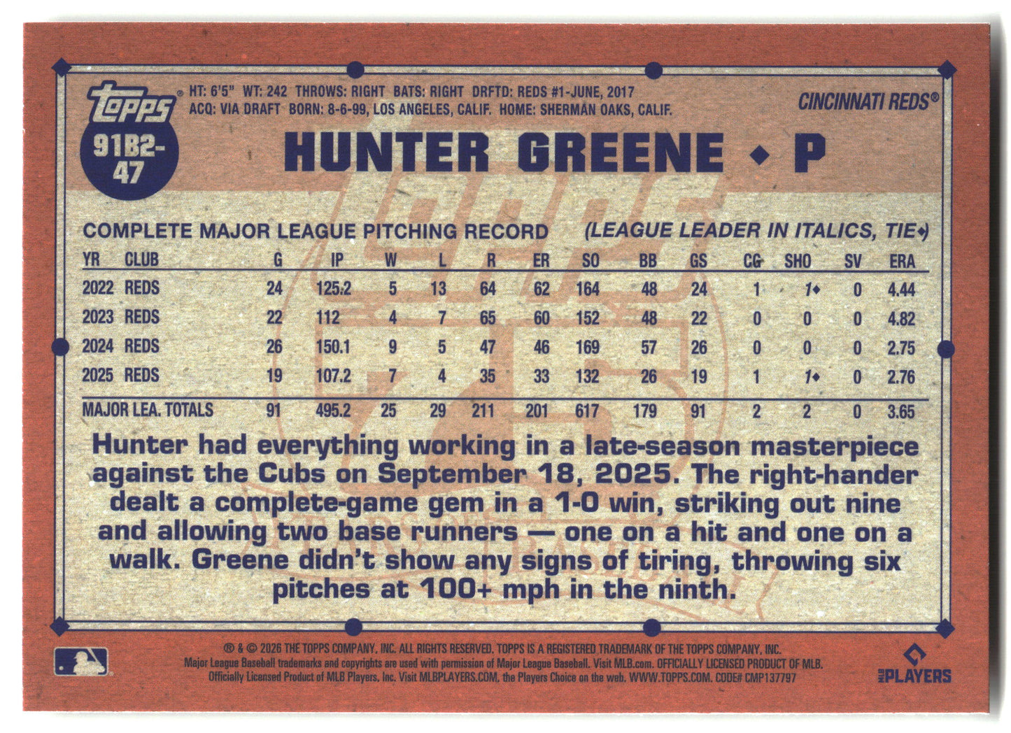 2026 Topps #91B2-47 Hunter Greene 1991 Topps Baseball 35th (Series Two) back
