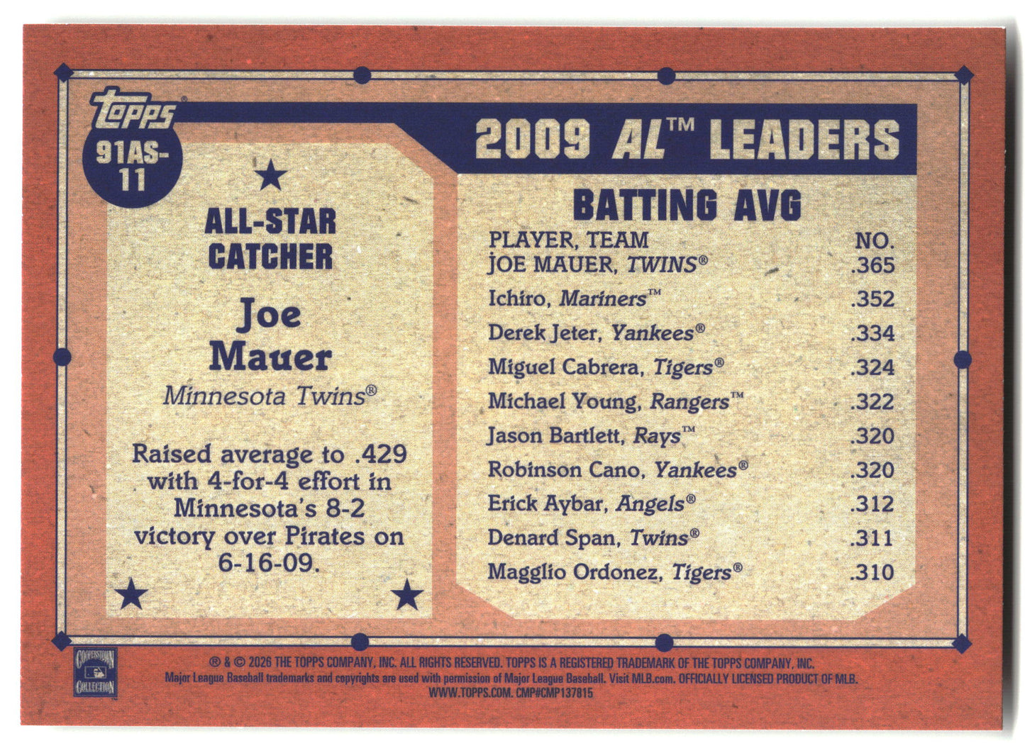 2026 Topps #91AS-11 Joe Mauer 1991 Topps Baseball 35th All-Stars back
