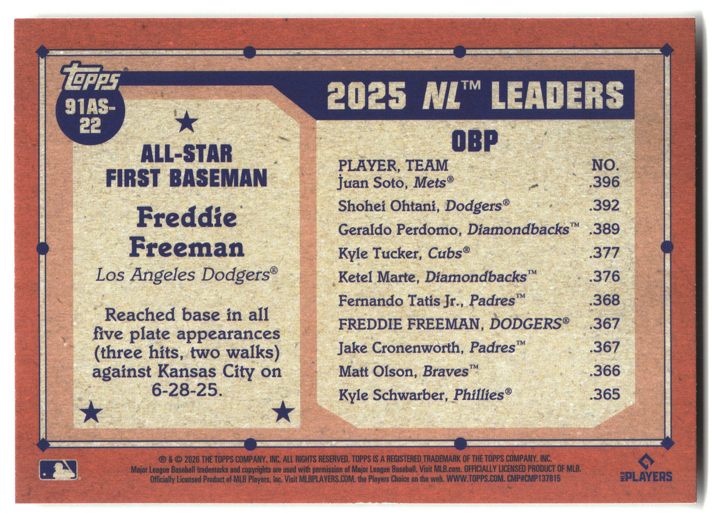 2026 Topps #91AS-22 Freddie Freeman 1991 Topps Baseball 35th All-Stars back
