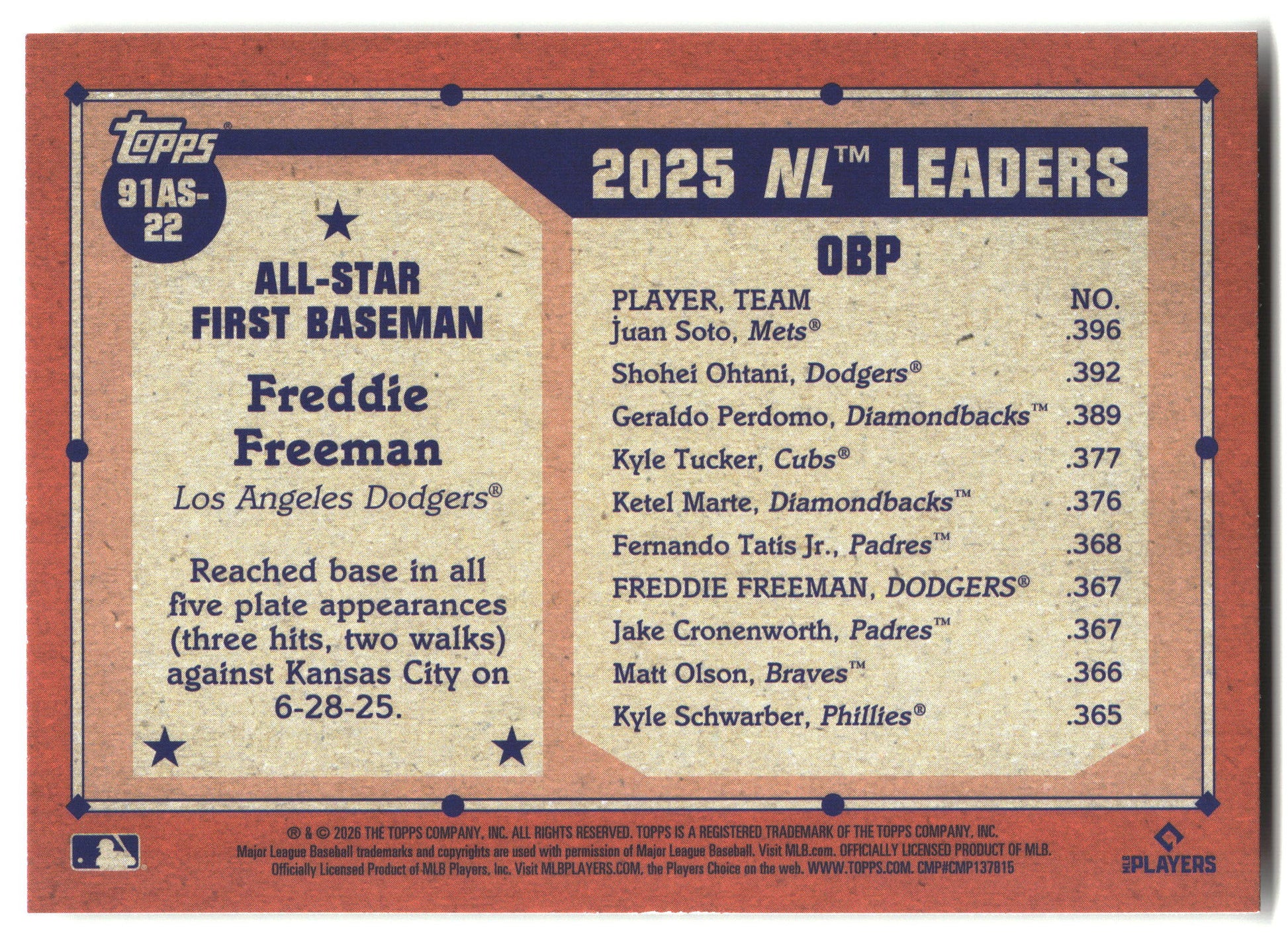 2026 Topps #91AS-22 Freddie Freeman 1991 Topps Baseball 35th All-Stars back