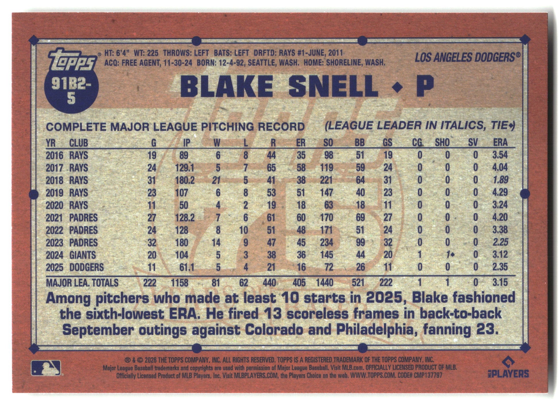 2026 Topps #91B2-5 Blake Snell 1991 Topps Baseball 35th Anniversary (Series Two) back