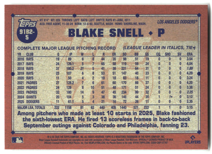2026 Topps #91B2-5 Blake Snell 1991 Topps Baseball 35th Anniversary (Series Two) back