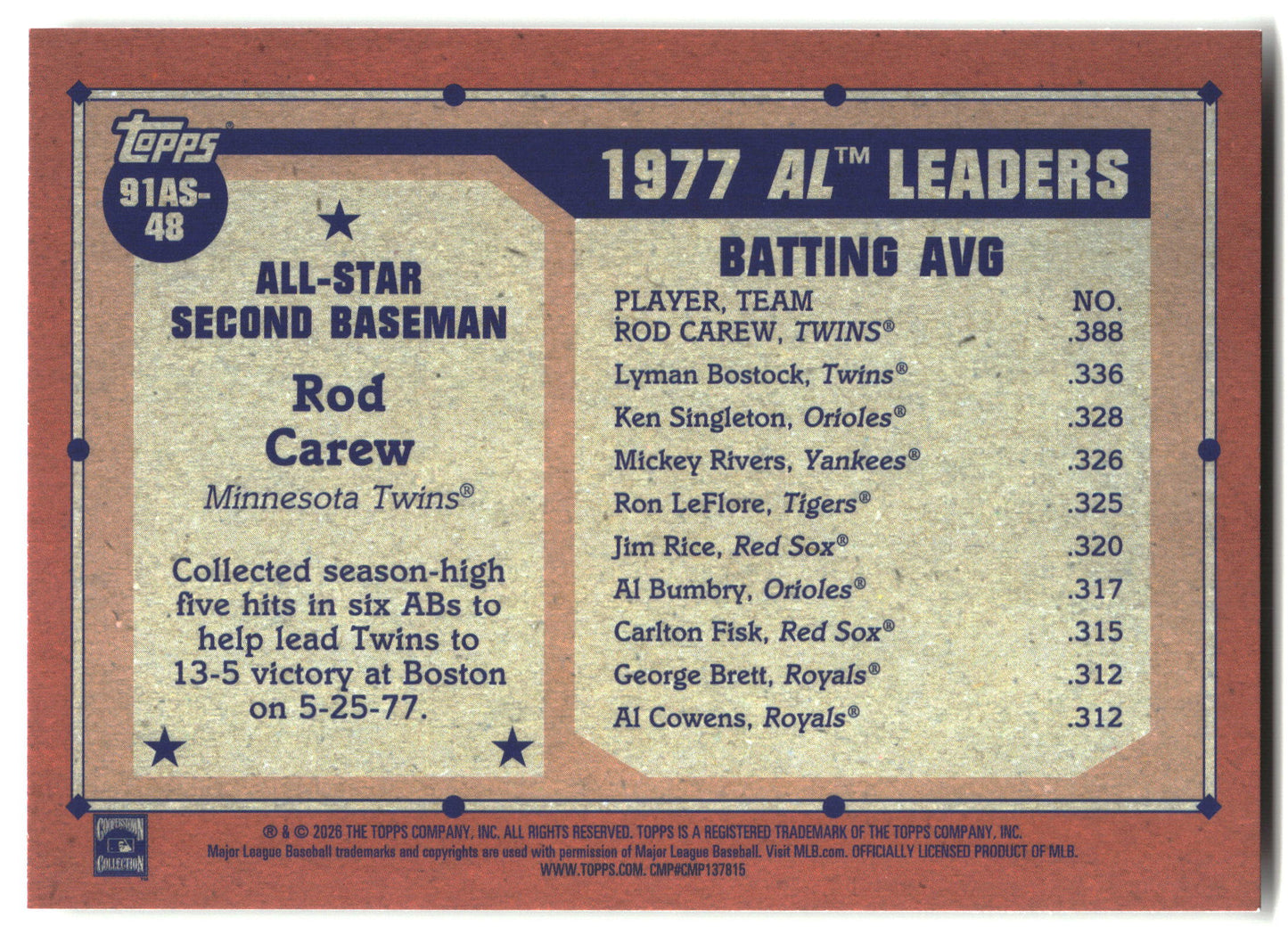 2026 Topps #91AS-48 Rod Carew 1991 Topps Baseball 35th Anniversary All-Stars back