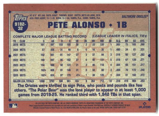 2026 Topps #91B2-32 Pete Alonso 1991 Topps Baseball 35th (Series Two) back