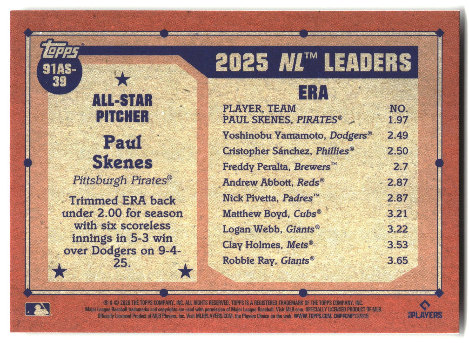 2026 Topps #91AS-39 Paul Skenes 1991 Topps Baseball 35th All-Stars back