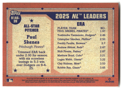 2026 Topps #91AS-39 Paul Skenes 1991 Topps Baseball 35th All-Stars back