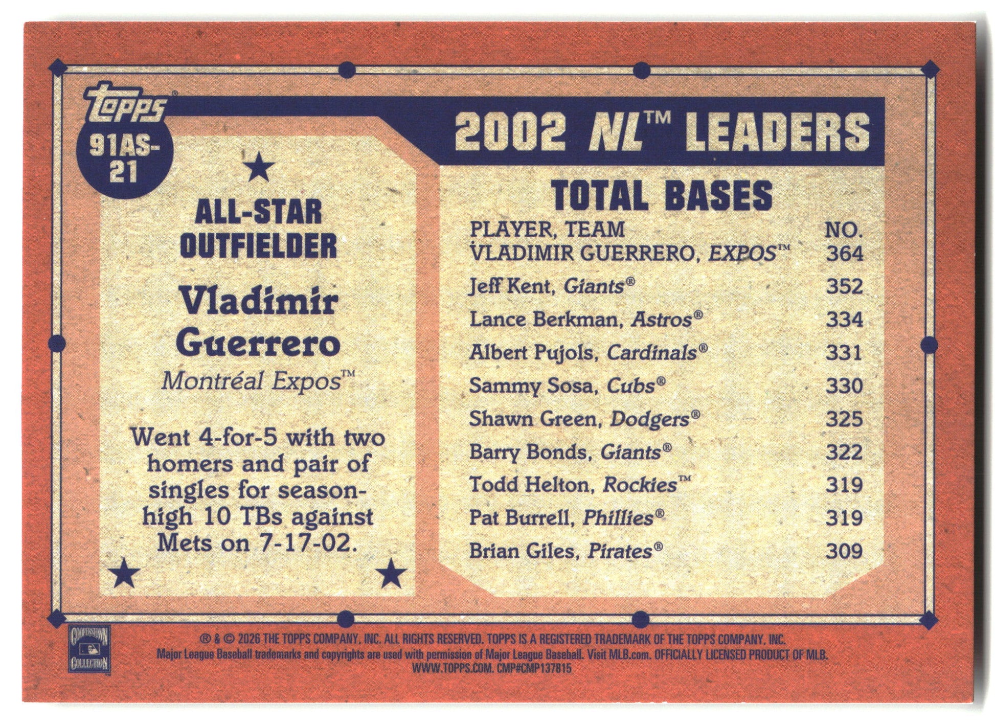 2026 Topps #91AS-21 Vladimir Guerrero 1991 Topps Baseball 35th All-Stars back