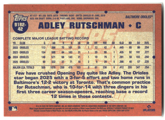 2026 Topps #91B2-42 Adley Rutschman 1991 Topps Baseball 35th (Series Two) back