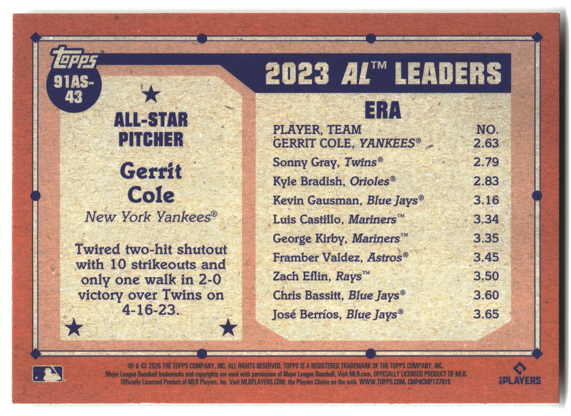 2026 Topps #91AS-43 Gerrit Cole 1991 Topps Baseball 35th Anniversary All-Stars back