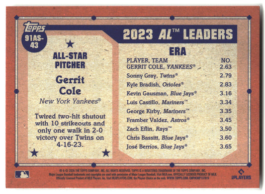 2026 Topps #91AS-43 Gerrit Cole 1991 Topps Baseball 35th Anniversary All-Stars back
