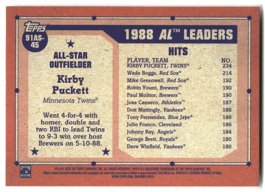 2026 Topps #91AS-45 Kirby Puckett 1991 Topps Baseball 35th All-Stars back