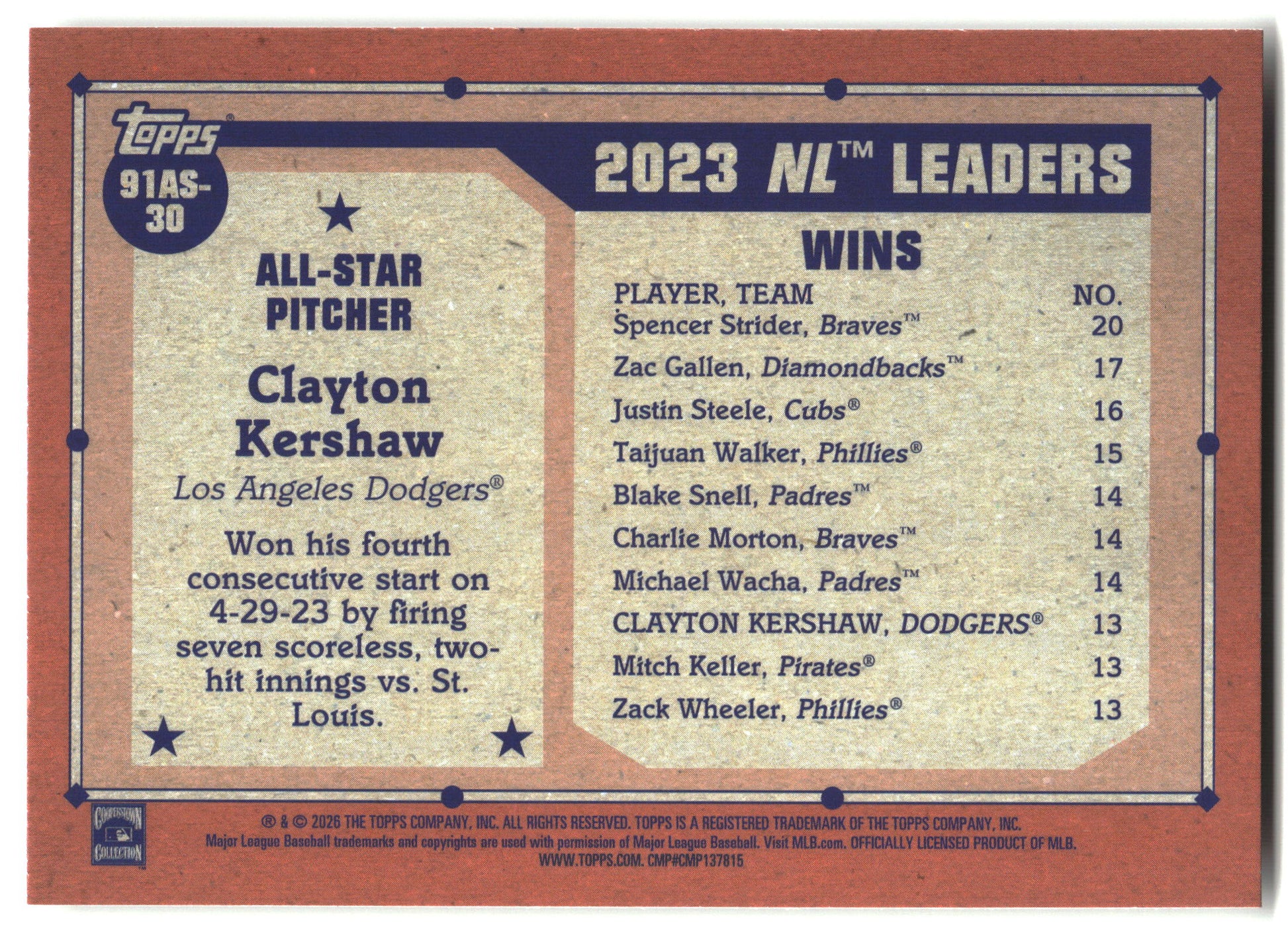 2026 Topps #91AS-30 Clayton Kershaw 1991 Topps Baseball 35th All-Stars back