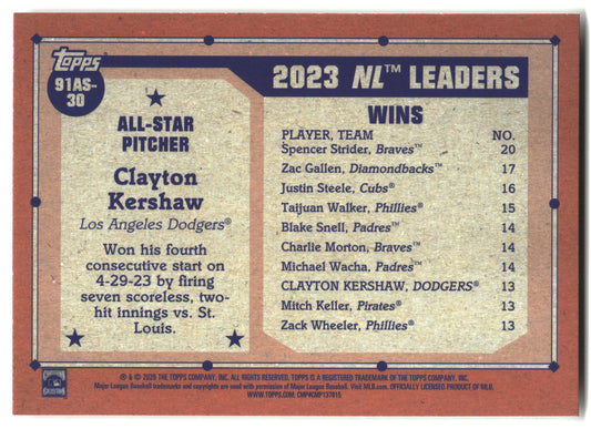 2026 Topps #91AS-30 Clayton Kershaw 1991 Topps Baseball 35th All-Stars back