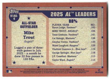2026 Topps #91AS-4 Mike Trout 1991 Topps Baseball 35th All-Stars back