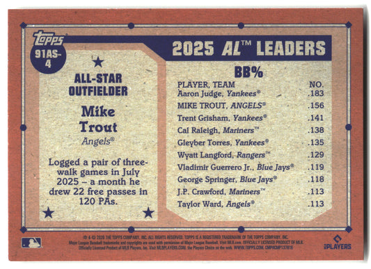 2026 Topps #91AS-4 Mike Trout 1991 Topps Baseball 35th All-Stars back