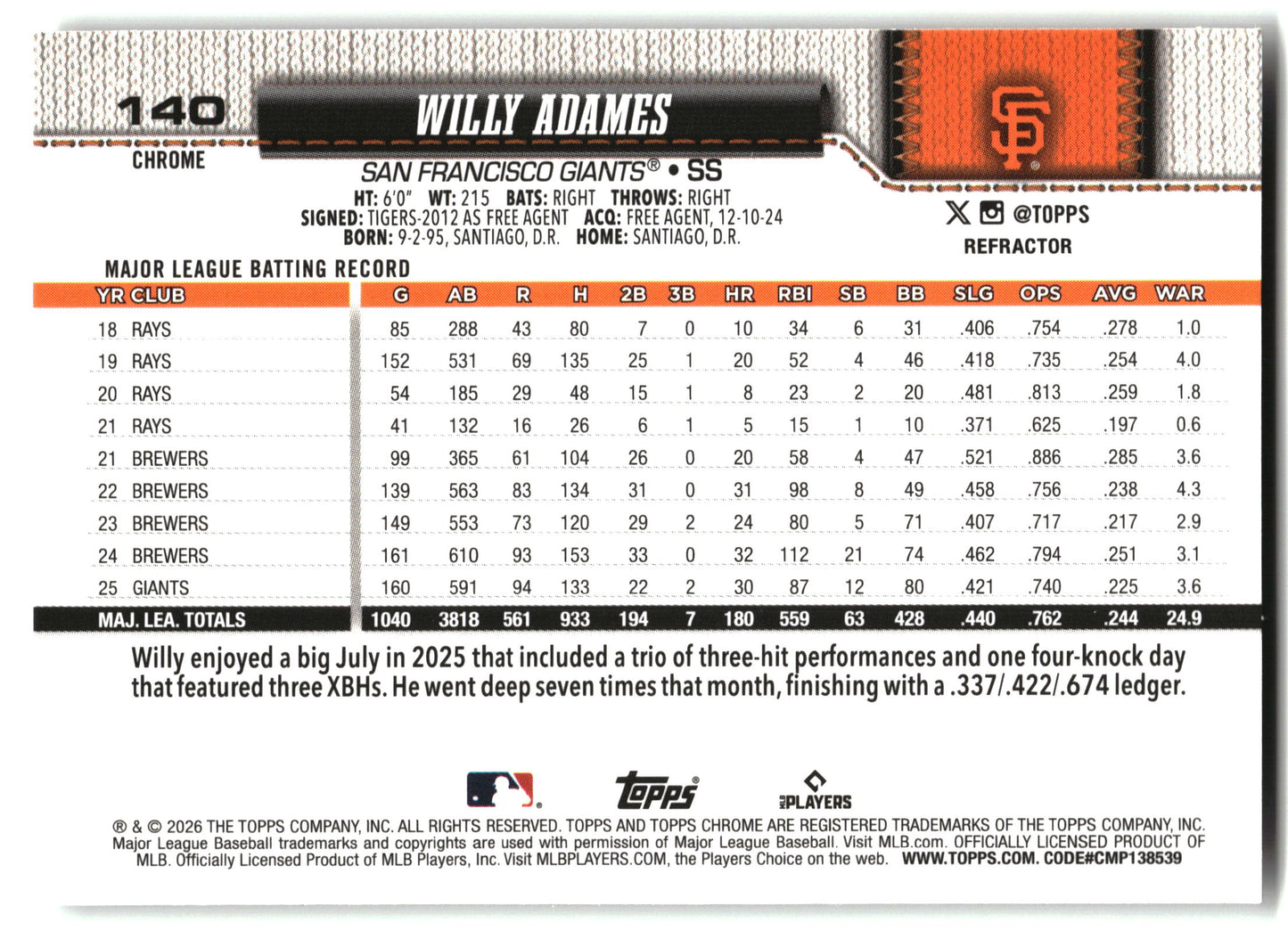 Willy Adames - 2026 Topps Chrome - Refractors - #140 back