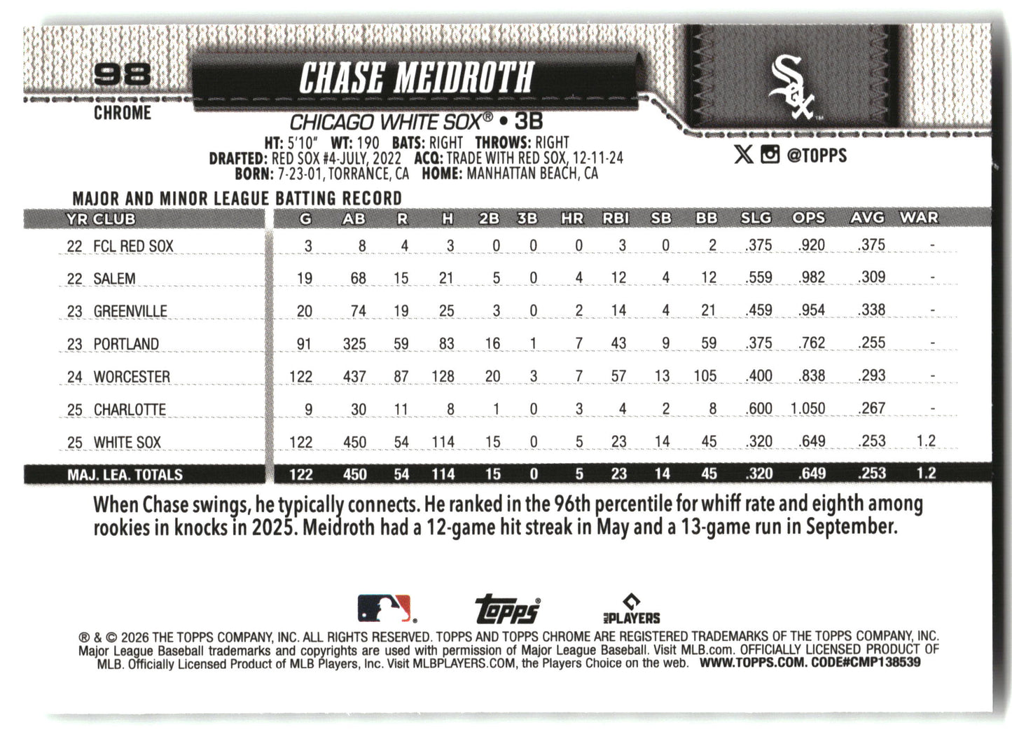 Chase Meidroth - 2026 Topps Chrome - X-Fractors - #98 back