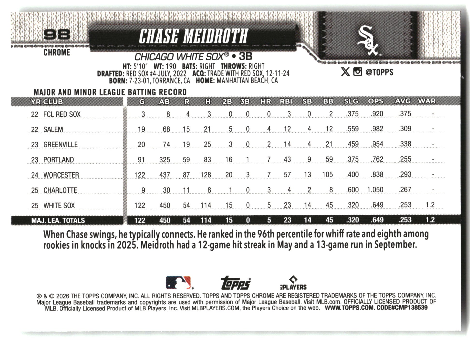 Chase Meidroth - 2026 Topps Chrome - X-Fractors - #98 back