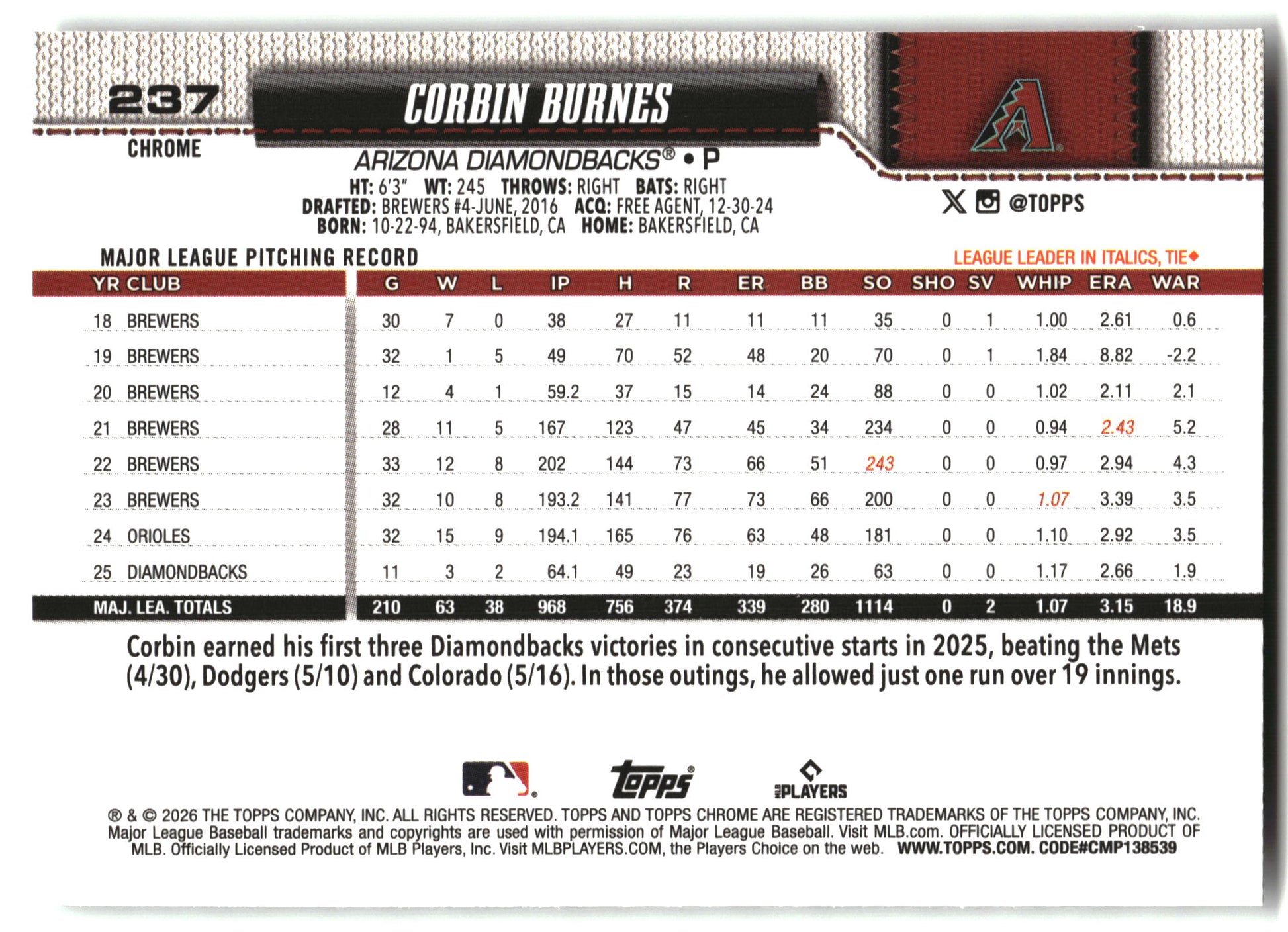 Corbin Burnes - 2026 Topps Chrome - X-Fractors - #237 back