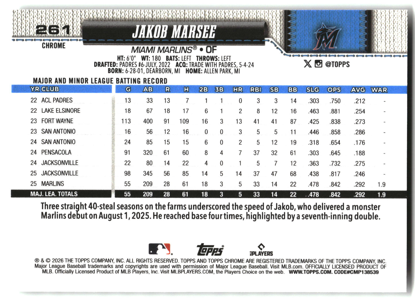 Jakob Marsee - 2026 Topps Chrome - X-Fractors - #261 back