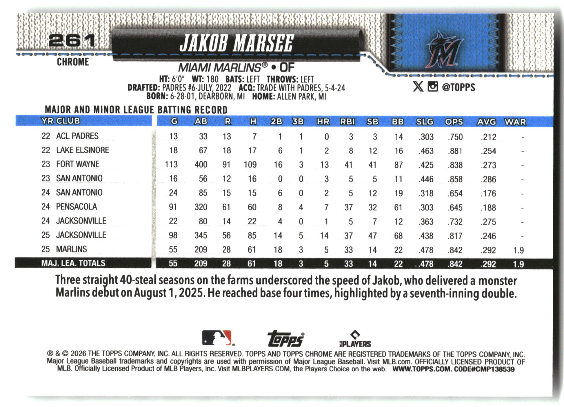 Jakob Marsee - 2026 Topps Chrome - X-Fractors - #261 back