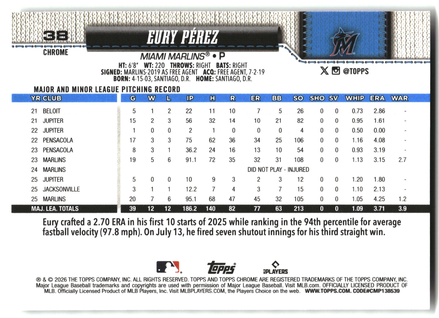 Eury Pérez - 2026 Topps Chrome - X-Fractors - #38 back