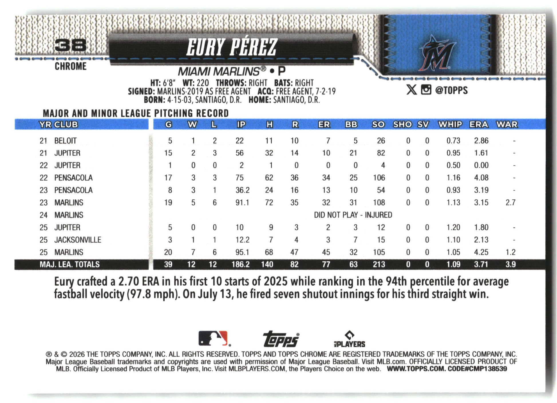 Eury Pérez - 2026 Topps Chrome - X-Fractors - #38 back