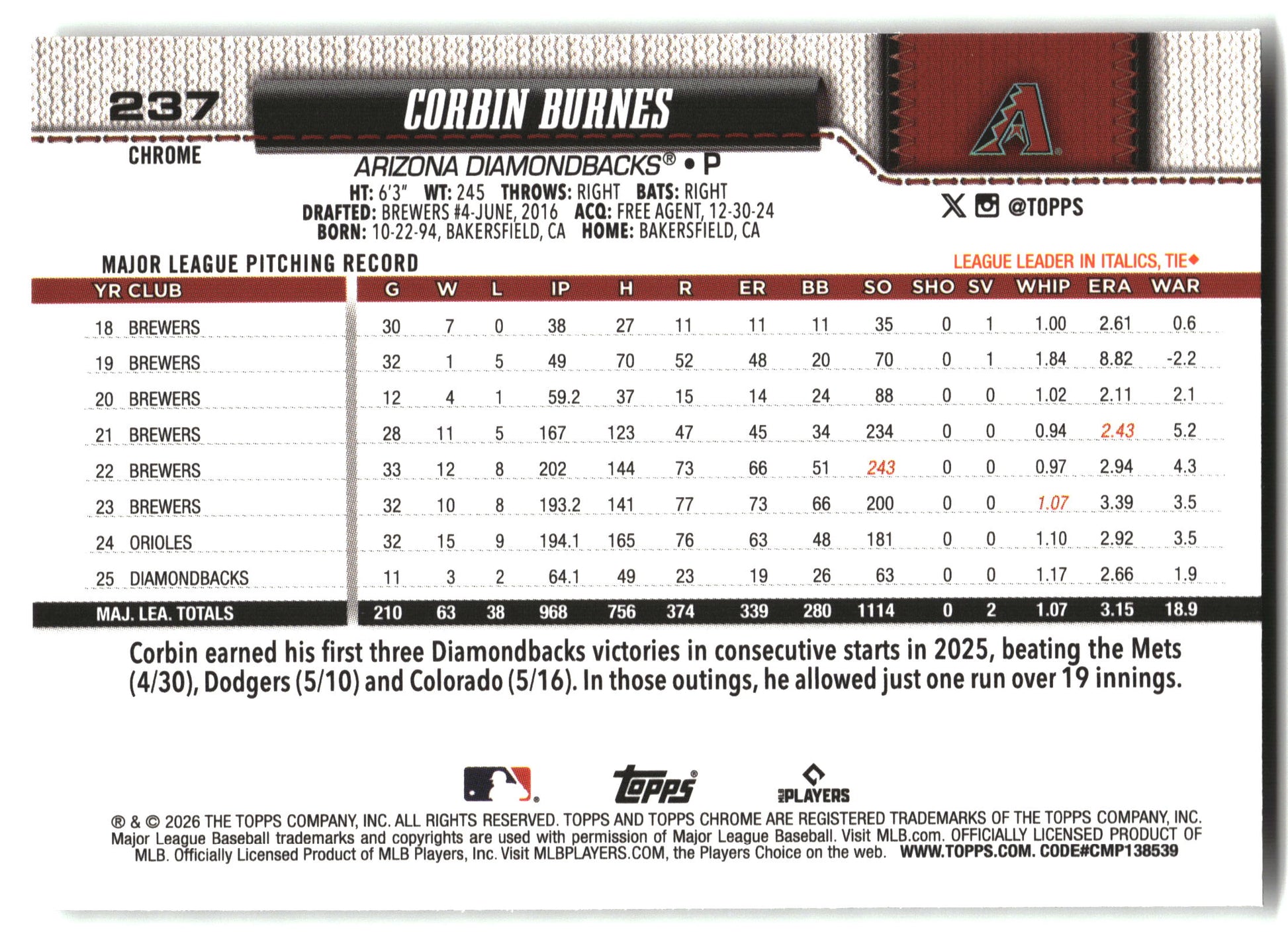 Corbin Burnes - 2026 Topps Chrome - X-Fractors - #237 back
