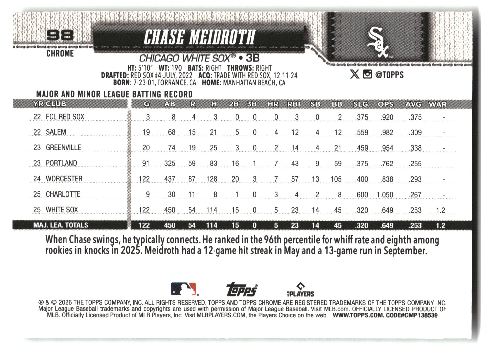 Chase Meidroth - 2026 Topps Chrome - X-Fractors - #98 back