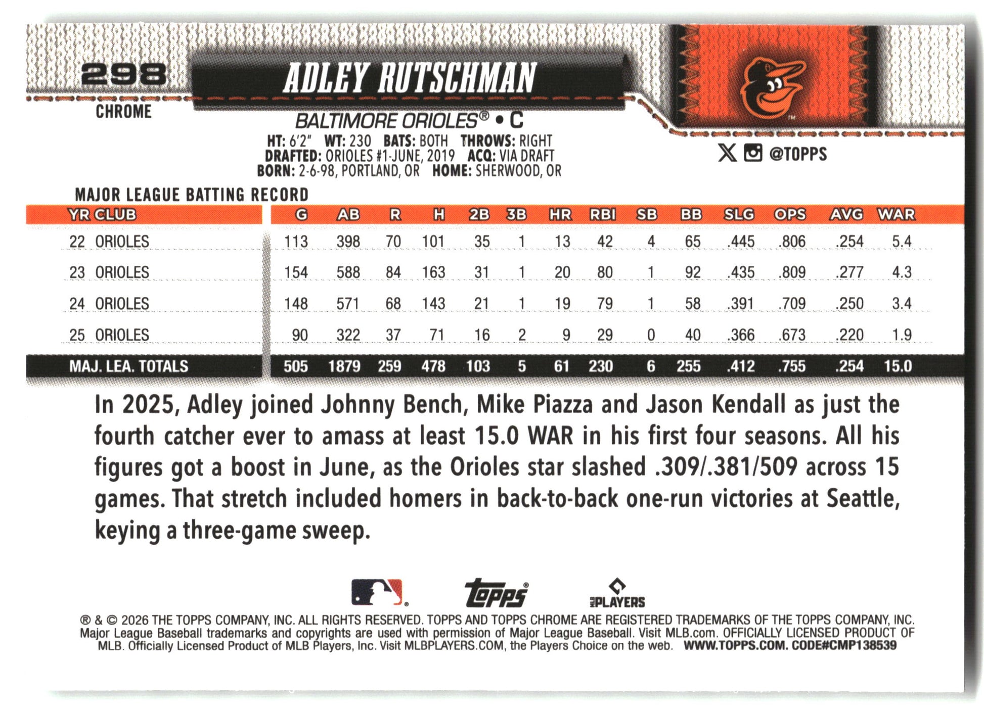 Adley Rutschman - 2026 Topps Chrome - X-Fractors - #298 back