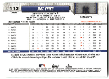 Max Fried - 2026 Topps Chrome - X-Fractors - #113 back