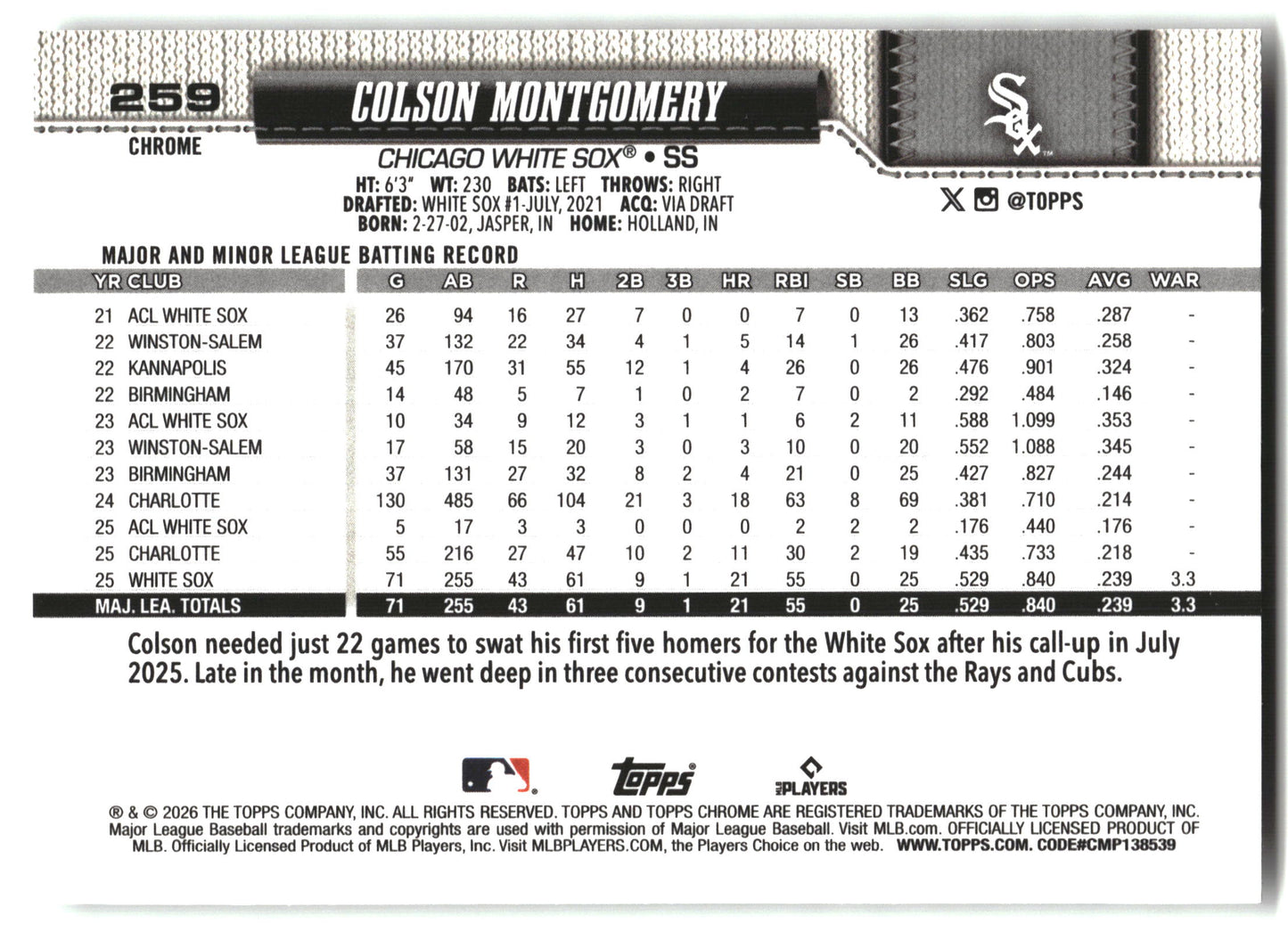 Colson Montgomery - 2026 Topps Chrome - X-Fractors - #259 back