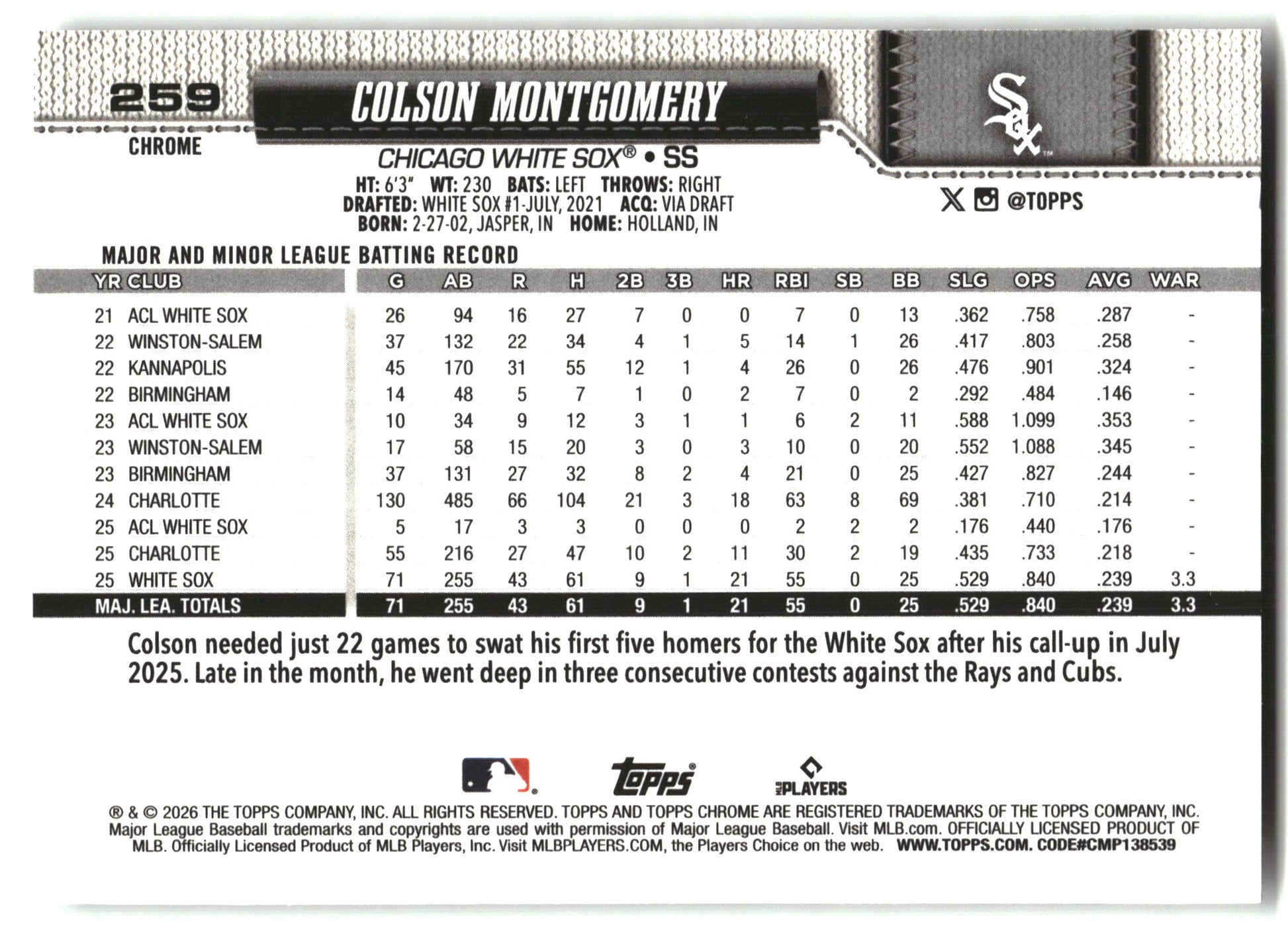 Colson Montgomery - 2026 Topps Chrome - X-Fractors - #259 back