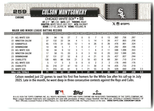 Colson Montgomery - 2026 Topps Chrome - X-Fractors - #259 back