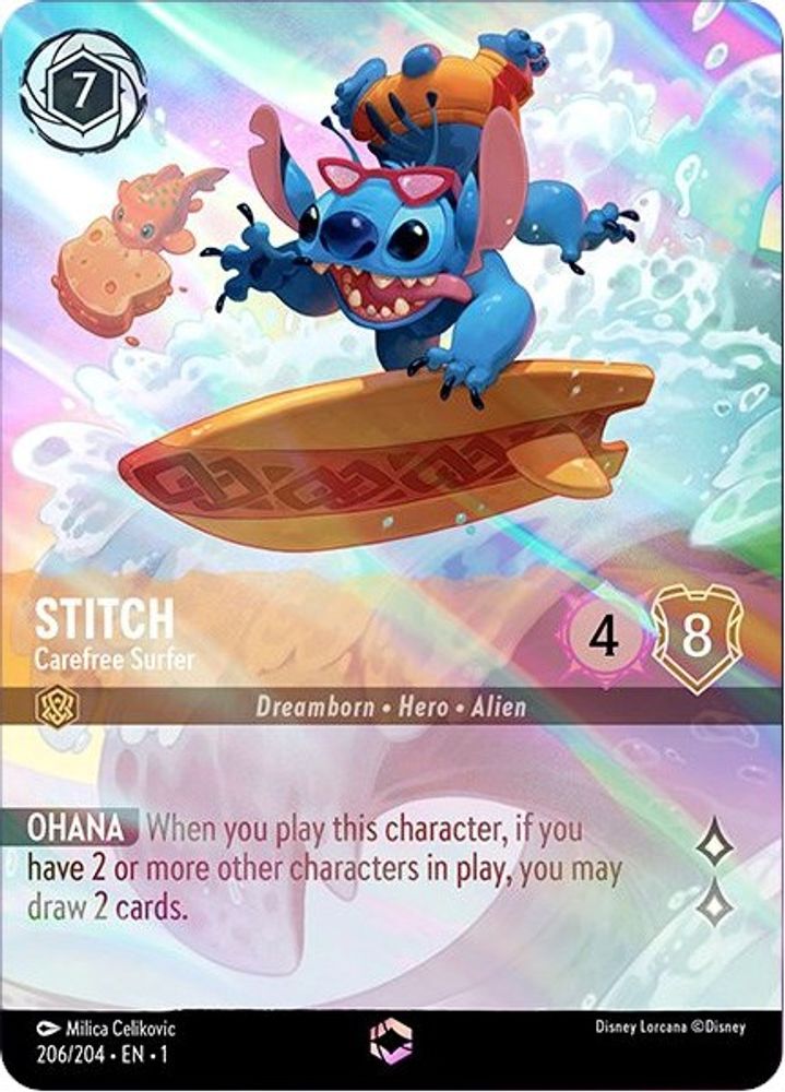 Stitch - Carefree Surfer (Enchanted) 206/204 The First Chapter Lorcana Holo NM