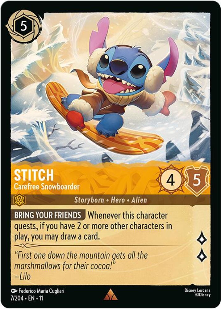 Stitch - Carefree Snowboarder 7/204 Rare Winterspell Lorcana Near Mint