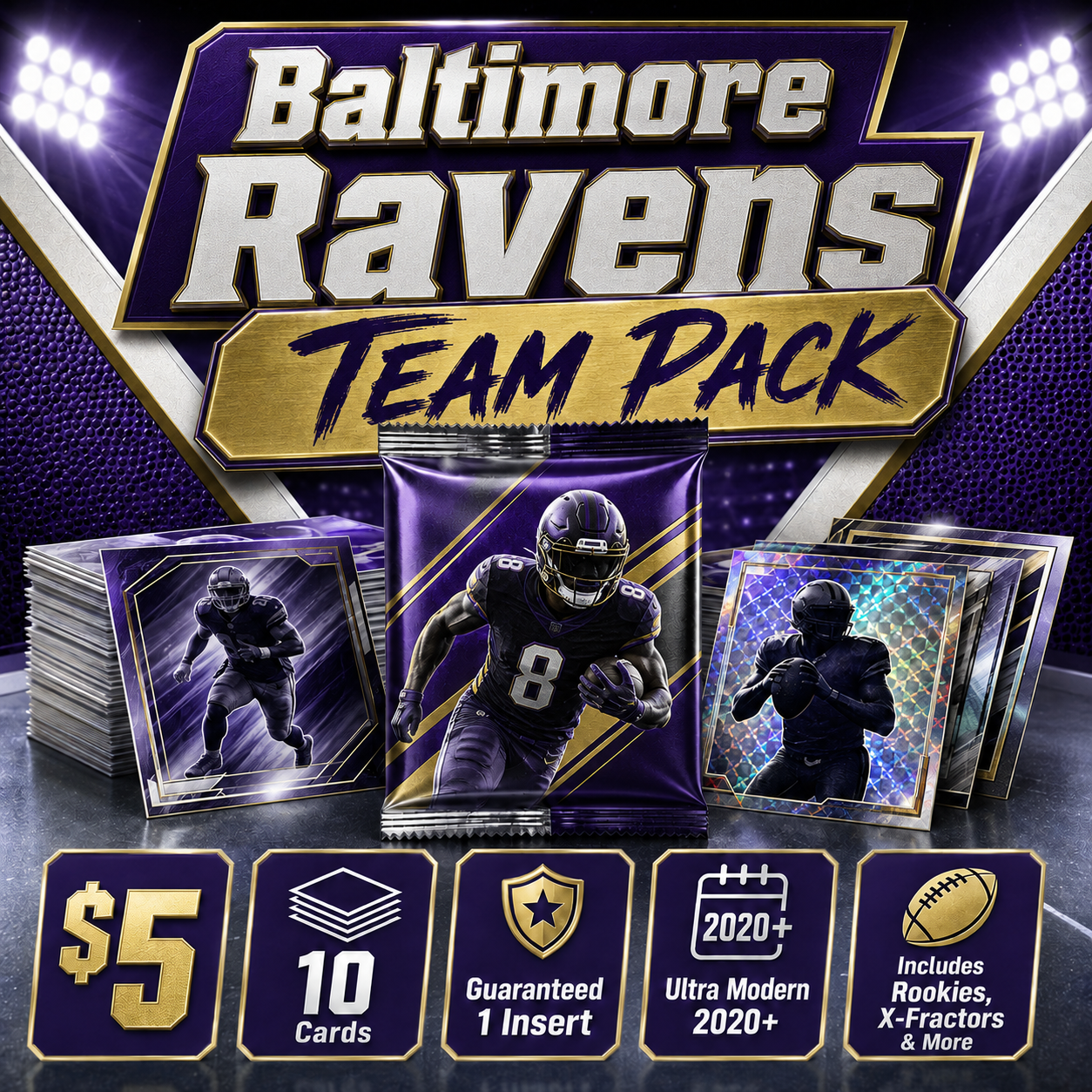 Baltimore Ravens Ultra Modern Football Team Pack - 10 Cards + Guaranteed Insert