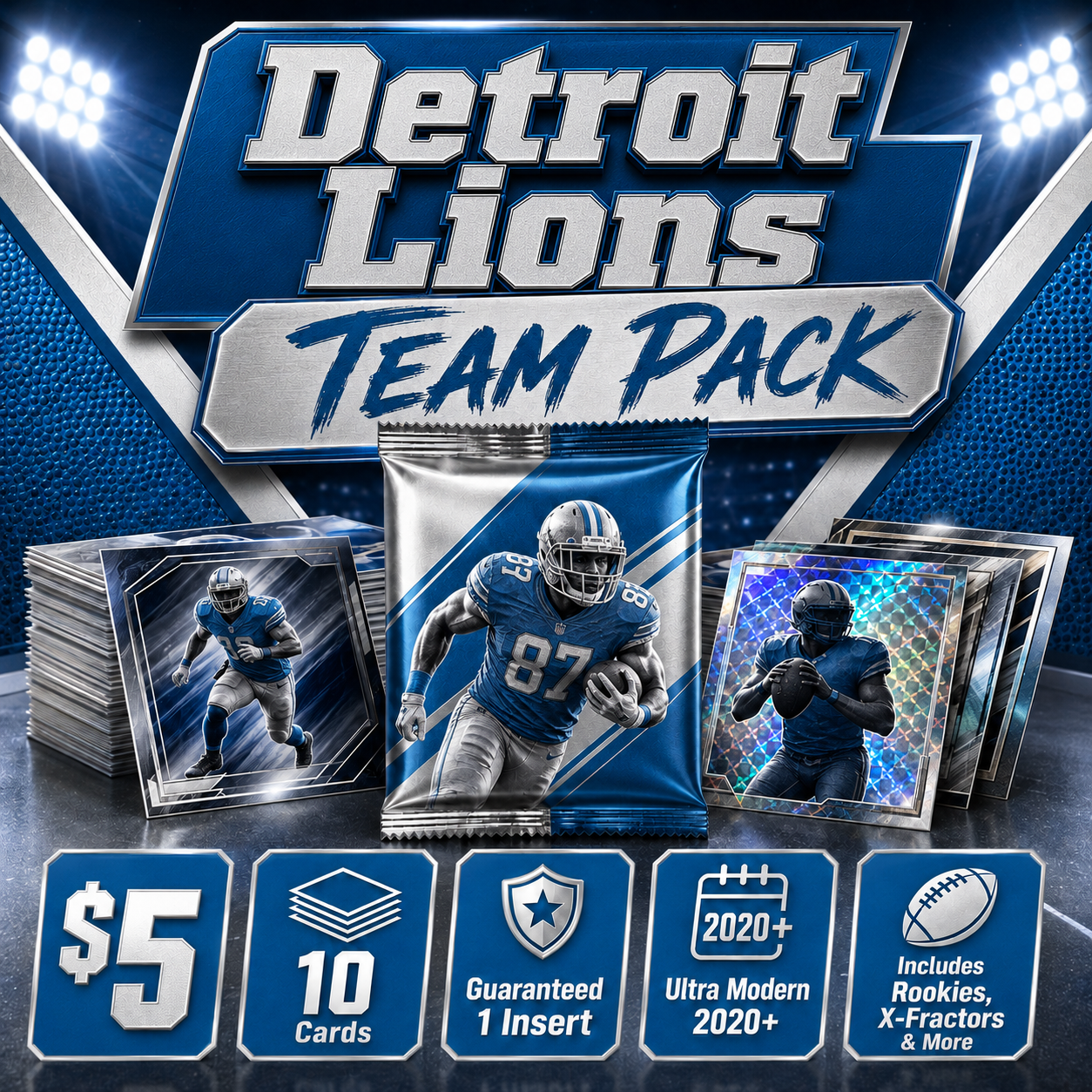 Detroit Lions Ultra Modern Football Team Pack - 10 Cards + Guaranteed Insert