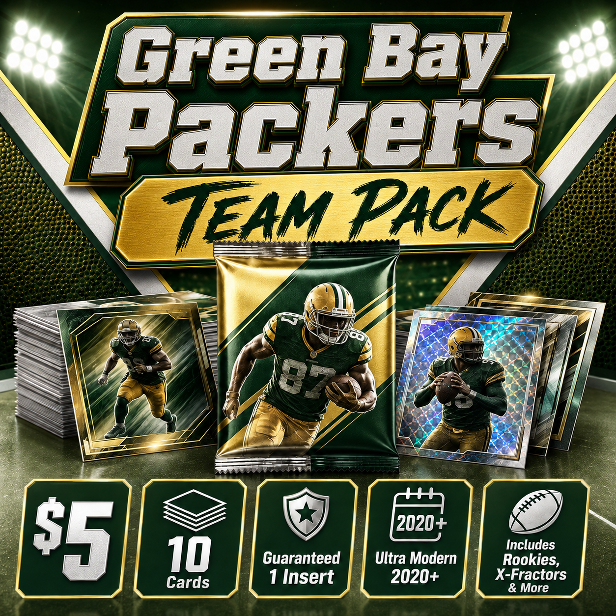 Green Bay Packers Ultra Modern Football Team Pack - 10 Cards + Guaranteed Insert