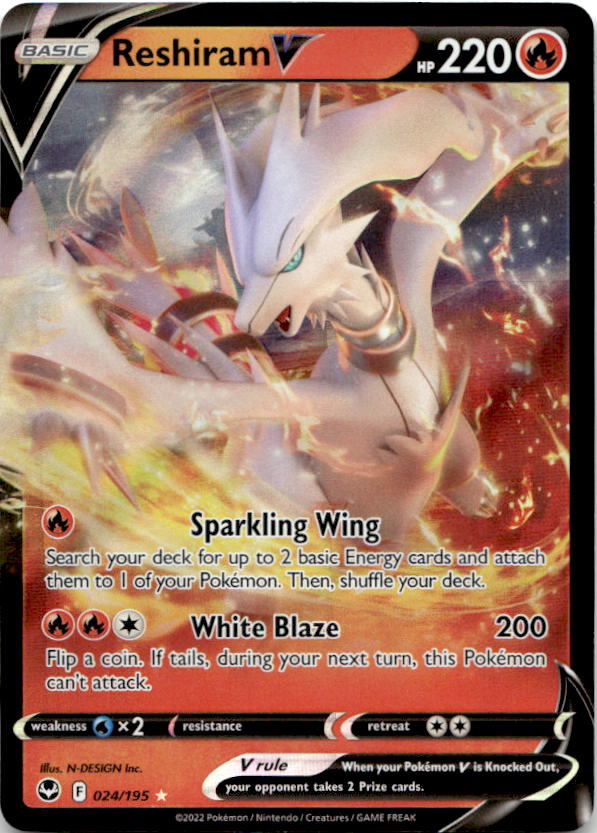 Reshiram V 024/195 Holo V Rare Silver Tempest Pokemon Near Mint
