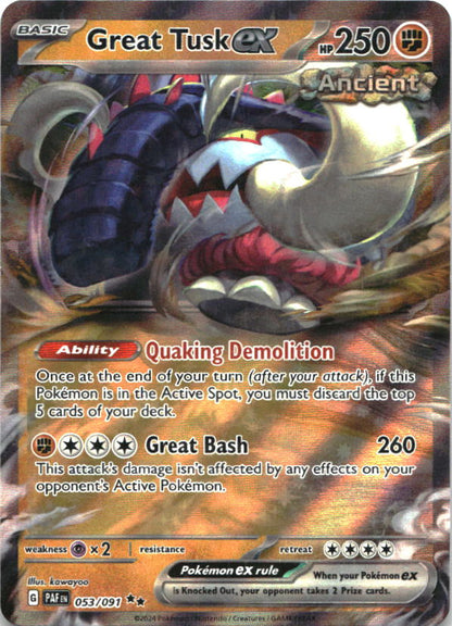 Great Tusk ex 053/091 Double Rare Paldean Fates Pokemon Near Mint